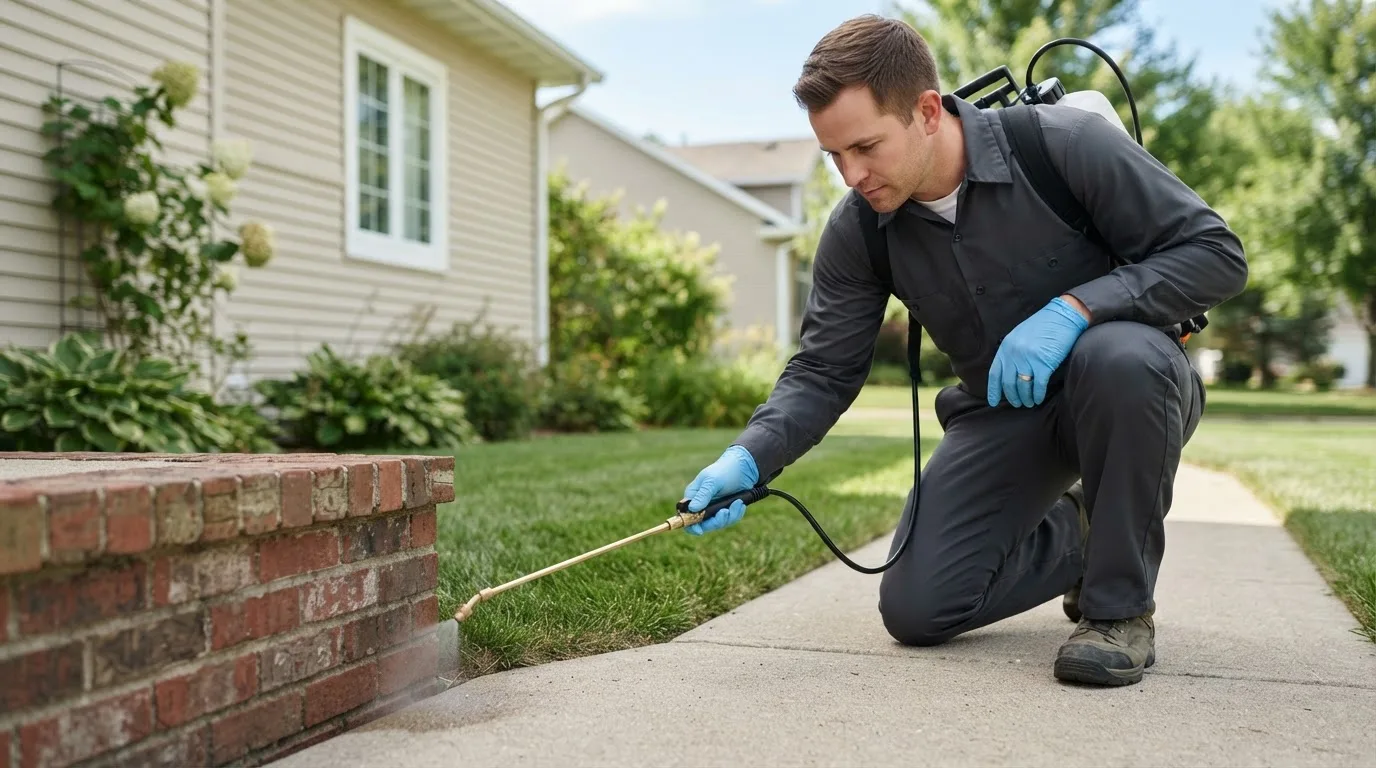 Pest control technician treating a home near Thornton, CA