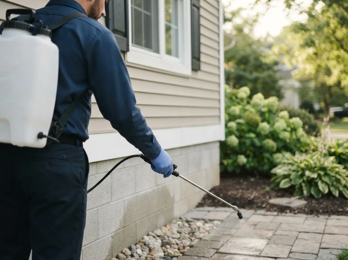 Pest control technician inspecting a home in Thornton, CA